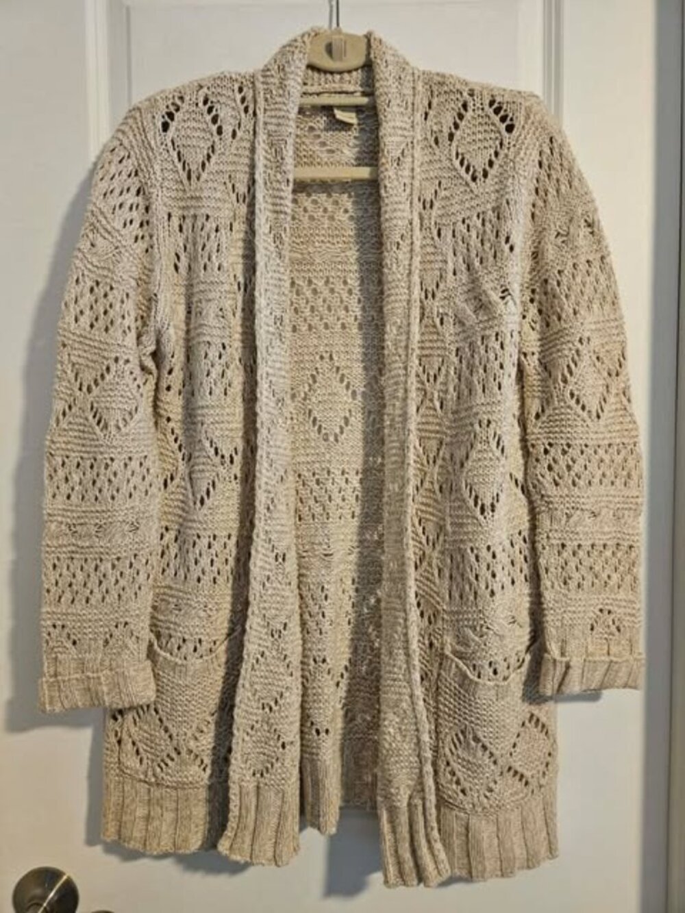 Lucky Brand Open Knit Cardigan Neutral Beige Boho Layering XL